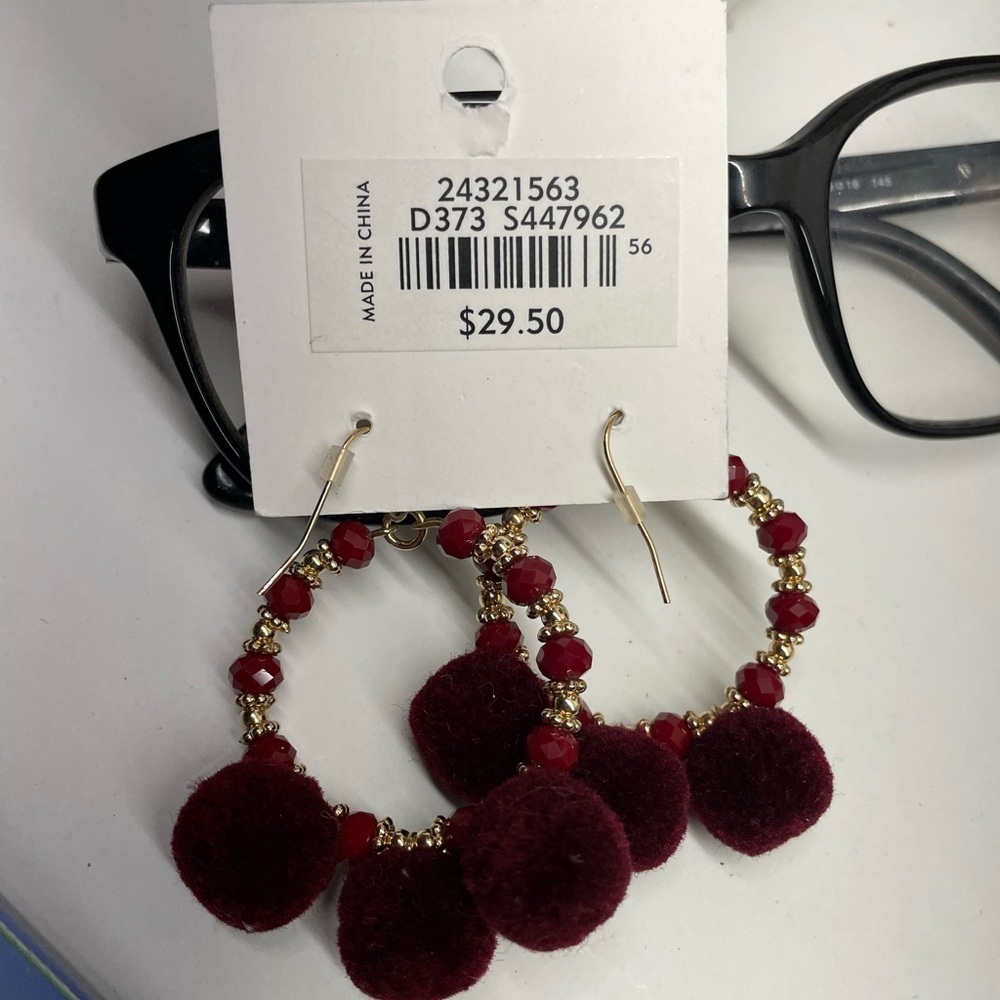 LOFT Maroon Pom Pom Hoop Earrings - Picture 2 of 4